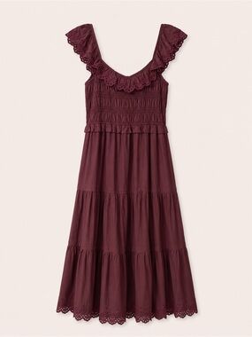 Madewell Smocked Eyelet Wine Midi Dress | Cottagecore Romantic | Womens 6